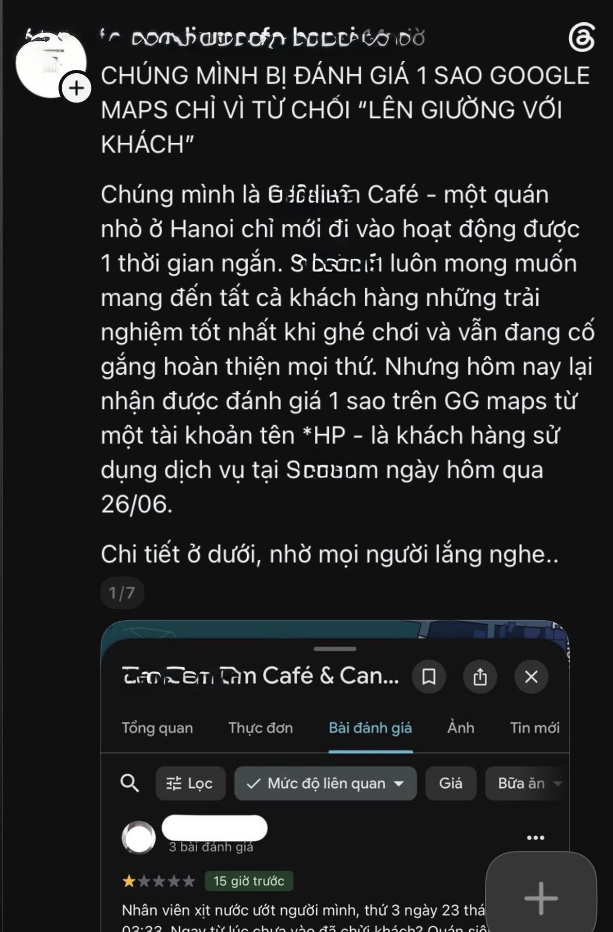 Thực hư vụ khách nữ gạ gẫm nhân viên nam quán cà phê không thành, đánh giá quán 1 sao