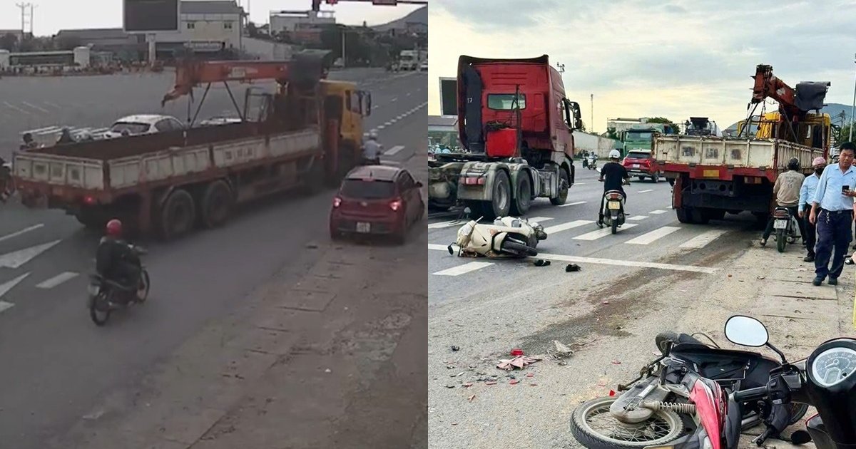 Xe tải cẩu lao vào đoàn xe máy đang dừng đèn đỏ, camera ghi lại toàn bộ diễn biến